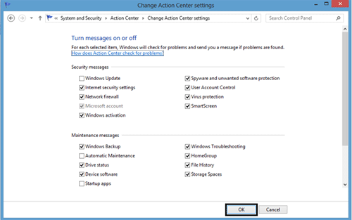 Windows 8 Action Center Settings
